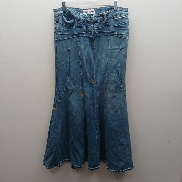 VTG Bisou Bisou 90's Y2K Flare Hem Mermaid Maxi Denim Skirt Blue Size 12 Boho - Picture 1 of 8